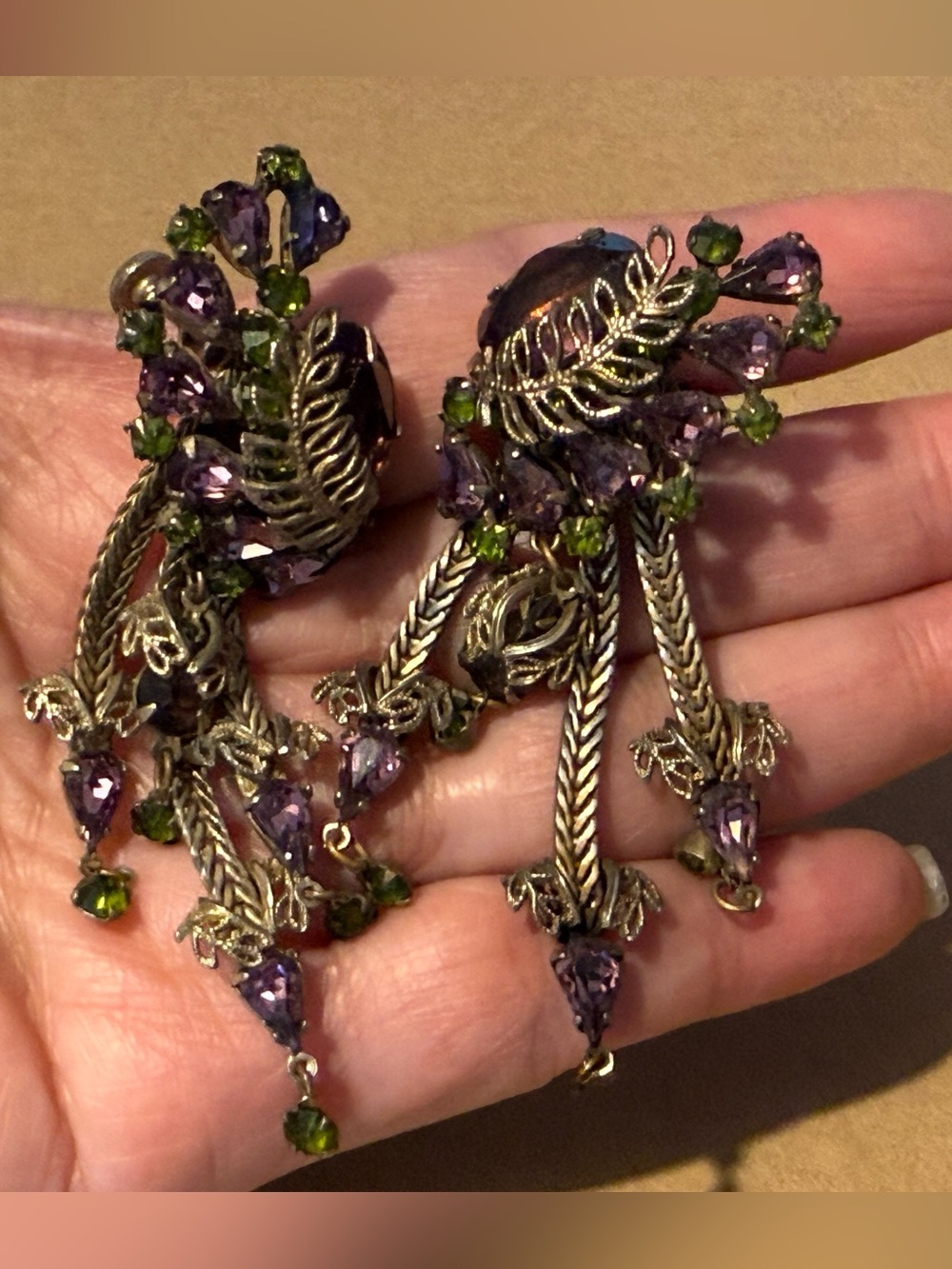 Vintage-Juliana? Purple and Green Crystal Dangle Statement Earrings Rare!